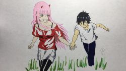 Rule 34 | 10s, 1boy, 1girl, black footwear, black hair, blue eyes, blush, boots, breasts, collarbone, commentary request, couple, darling in the franxx, green eyes, hetero, highres, hiro (darling in the franxx), holding hands, horns, interlocked fingers, k7s1wtulod0vu4c, long hair, medium breasts, oni horns, pants, pink hair, purple pants, red horns, red shirt, shirt, short hair, short sleeves, signature, thigh boots, thighhighs, white pants, white shirt, zero two (darling in the franxx)