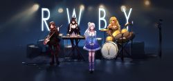 Rule 34 | 4girls, absurdres, ahivemind, amplifier, blake belladonna, blonde hair, boots, bow, breasts, brown hair, cape, cleavage, closed eyes, drum, drum set, gothic lolita, grey eyes, hair bow, highres, hood, instrument, keyboard (instrument), lolita fashion, long hair, medium breasts, microphone stand, multicolored hair, multiple girls, pantyhose, ponytail, red hair, ruby (vocaloid), ruby rose, rwby, scarf, short hair, smile, sunglasses, vocaloid, weiss schnee, yang xiao long, yellow eyes
