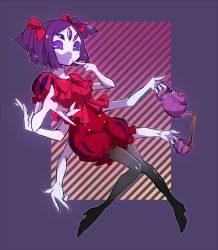 Rule 34 | 1girl, arthropod girl, boots, dress, extra arms, extra eyes, fangs, female focus, full body, gradient background, high heel boots, high heels, insect girl, monster girl, muffet, solo, spider girl, tea, teapot, thigh boots, thighhighs, twintails, undertale