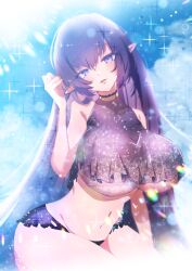 1girl absurdres bikini black_bikini breasts character_request cleavage cloud commission covered_collarbone gold_choker halterneck hand_up highres ikkokudou kerberos_blade large_breasts long_hair navel parted_lips pointy_ears purple_eyes purple_hair see-through_clothes see-through_cleavage skeb_commission sky solo sparkle sun swimsuit