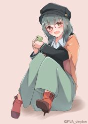 Rule 34 | 1girl, absurdres, alternate costume, aqua pants, black hat, black sweater, blush, can, drink can, full body, green hair, grey hair, hat, highres, kantai collection, long sleeves, open mouth, pants, shadow, shirt, sitting, smile, soda can, solo, sweater, uut, white shirt, yuubari (kancolle)