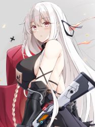 Rule 34 | 1girl, bare shoulders, black gloves, blush, breasts, closed mouth, elbow gloves, from side, girls&#039; frontline, gloves, grey background, gun, hair ornament, highres, kar98k (girls&#039; frontline), kar98k (mod3) (girls&#039; frontline), keenh, large breasts, long hair, looking at viewer, red eyes, solo, weapon, white hair