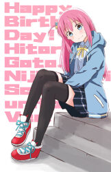 Rule 34 | 1girl, black thighhighs, blue eyes, blue jacket, blue shirt, blue skirt, blush, bocchi the rock!, character name, closed mouth, collared shirt, commentary request, cosplay, cube hair ornament, gotoh hitori, hair ornament, happy birthday, head tilt, highres, hood, hood down, hooded jacket, jacket, long hair, long sleeves, looking at viewer, love live!, love live! nijigasaki high school idol club, maruyo, neck ribbon, nijigasaki academy school uniform, open clothes, open jacket, pink hair, plaid, plaid skirt, red footwear, ribbon, school uniform, shirt, shoes, sidelocks, sitting, sitting on stairs, skirt, solo, stairs, sweatdrop, tennoji rina, tennoji rina (cosplay), thighhighs, winter uniform, yellow ribbon