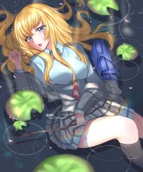 Rule 34 | 1girl, absurdres, artist name, bag, black socks, blonde hair, blue eyes, bow (music), chiinyan, commentary request, highres, kneehighs, lily pad, long hair, long sleeves, looking at viewer, miyazono kawori, necktie, open mouth, partially submerged, red neckwear, school uniform, shigatsu wa kimi no uso, socks, striped neckwear, teeth