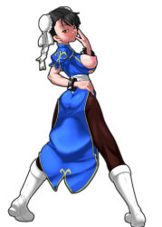Rule 34 | 1girl, ass, bad id, bad pixiv id, black hair, black pantyhose, blue dress, boots, bracelet, breasts, brown eyes, brown pantyhose, bun cover, capcom, china dress, chinese clothes, chun-li, double bun, dress, earrings, female focus, finger in own mouth, from behind, full body, hair bun, hand on own hip, jewelry, large breasts, lips, lipstick, looking back, makeup, nipples, niyorohi, no bra, pantyhose, pelvic curtain, pigeon-toed, puffy short sleeves, puffy sleeves, short hair, short sleeves, simple background, solo, spiked bracelet, spikes, street fighter, tiptoes, torn clothes, white footwear
