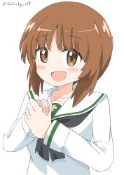 Rule 34 | 1girl, :d, absurdres, black neckerchief, blush, brown eyes, brown hair, commentary request, cynical (llcbluckg c004), girls und panzer, highres, long sleeves, looking at viewer, neckerchief, nishizumi miho, ooarai school uniform, open mouth, sailor collar, school uniform, serafuku, short hair, simple background, smile, solo, upper body, white background, white sailor collar, white serafuku