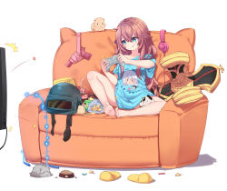 Rule 34 | &gt;:), 1girl, :q, ^^^, barefoot, benghuai xueyuan, blouse, blue eyes, blue shirt, brown hair, chips (food), clothes writing, cola, controller, copyright request, couch, drinking straw, food, game controller, gun, hair between eyes, hamster, headphones, helmet, highres, honkai (series), jump rope, long hair, monitor, naked shirt, neps-l, no pants, playerunknown&#039;s battlegrounds, playing games, potato chips, print shirt, shirt, simple background, sitting, slippers, unworn slippers, soles, solo, t-shirt, tagme, theresa apocalypse, tongue, tongue out, weapon, white background