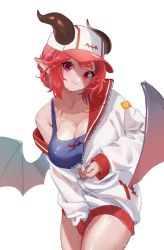 Rule 34 | between legs, breasts, guardian tales, hand between legs, hat, hood, hoodie, horns, large breasts, lifeguard, lifeguard yuze, pink eyes, red hair, short hair, simple background, swimsuit, swimsuit under clothes, thick thighs, thighs, wet, wet clothes, wet swimsuit, white background, wings