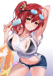 Rule 34 | 1girl, absurdres, ahoge, arm behind head, arm up, armpits, azur lane, bikini, bikini under clothes, black bikini, blush, breasts, chinese commentary, collarbone, commentary request, cowboy shot, denim, denim shorts, food, goggles, goggles on head, gradient background, grey background, hair between eyes, halterneck, highleg, highleg bikini, highres, holding, holding food, innertube, large breasts, leaning forward, long hair, looking at viewer, midriff, multi-strapped bikini, multiple straps, mz (yeye ai chipao mian), navel, o-ring, o-ring bikini, official alternate costume, open fly, pool ladder, popsicle, red hair, see-through, shirt, short shorts, short sleeves, shorts, side ponytail, sidelocks, simple background, smile, solo, standing, string bikini, swim ring, swimsuit, t-shirt, taut clothes, taut shirt, tied shirt, wet, wet clothes, wet shirt, whistle, whistle around neck, white background, white shirt, zara (azur lane), zara (poolside coincidence) (azur lane)