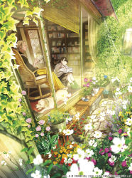 Rule 34 | 2girls, absurdres, animal, black hair, book, bookshelf, chair, cover, cover page, dog, flower, garden, grey hair, highres, maeda mic, multiple girls, novel cover, official art, old, old woman, plant, ponytail, potted plant, school uniform, shinigami-tei biyori, sitting, smile