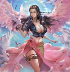 Rule 34 | 1girl, absurdres, angel wings, animal, arm at side, artist logo, bare arms, bird, black hair, blue eyes, breasts, cleavage, closed mouth, collared jacket, cropped jacket, dated, eyewear on head, fingernails, floating hair, gun, hair slicked back, hand up, handgun, high collar, highres, holster, holstered, jacket, lan dian, large breasts, long hair, long skirt, looking at viewer, midriff, nail polish, navel, nico robin, one piece, partially unzipped, petals, pigeon, pink wings, pistol, red nails, short sleeves, skirt, smile, solo, stomach, sunglasses, thigh holster, thigh strap, watermark, weapon, wind, wings, zipper, zipper pull tab