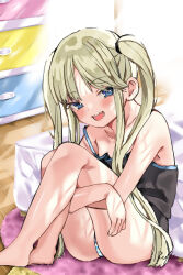 Rule 34 | 1girl, :d, bare arms, bare legs, bare shoulders, barefoot, black camisole, blonde hair, blue eyes, blush, camisole, carpet, child, day, drawer, fang, fetal position, highres, hugging own legs, indoors, knees up, long hair, looking at viewer, no pants, on ground, open mouth, original, panties, pantyshot, parted bangs, ruruka pr, sidelocks, sitting, smile, solo, spaghetti strap, striped clothes, striped panties, sunlight, swept bangs, tile floor, tiles, twintails, underwear
