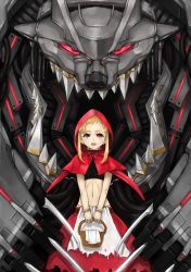 Rule 34 | 1girl, basket, big bad wolf, blonde hair, cape, capelet, crop top, glowing, glowing eyes, grimm&#039;s fairy tales, highres, hood, little red riding hood, little red riding hood (grimm), madarame, mecha, mechanization, midriff, red cape, red eyes, red skirt, robot, science fiction, sharp teeth, short hair, sidelocks, skirt, teeth, torn clothes, torn skirt