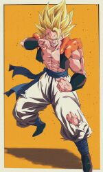 Rule 34 | 1boy, abs, arm up, baggy pants, biceps, blonde hair, blue footwear, blue sash, boots, border, bracer, bure (fantasticyouth7), clenched hands, collarbone, commentary request, dragon ball, dragonball z, full body, gogeta, green eyes, hand up, highres, looking at viewer, male focus, metamoran vest, muscular, muscular male, one eye closed, open clothes, open mouth, open vest, orange background, outside border, pants, pectorals, sash, scratches, simple background, solo, spiked hair, standing, super saiyan, super saiyan 1, teeth, tongue, torn clothes, torn pants, v-shaped eyebrows, vest, white border, white pants