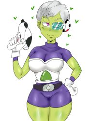 Rule 34 | 10s, 1girl, alien, armor, breasts, cheelai, cleavage, colored skin, curvy, dragon ball, dragon ball super, dragon ball super broly, female focus, gloves, green eyes, green skin, gun, hip focus, large breasts, purple eyes, scouter, smile, solo, weapon, white hair