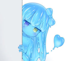 Rule 34 | 1girl, blue bow, blue eyes, blue hair, blue sclera, blue skin, blush, bow, closed mouth, colored sclera, colored skin, curss, flat chest, hair bow, head tilt, heart, heterochromia, highres, long hair, looking at viewer, monster girl, nude, original, peeking out, purple eyes, simple background, slime girl, solo, white background, yellow eyes