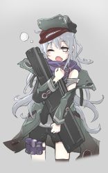 Rule 34 | 1girl, assault rifle, blush, blush stickers, brown hair, bullpup, caseless firearm, character name, cowboy shot, eyebrows, g11 (girls&#039; frontline), girls&#039; frontline, gun, h&amp;k g11, hat, highres, holster, horizontal magazine, jacket, long hair, looking at viewer, messy hair, one eye closed, personification, phonepic, prototype design, rifle, shorts, silver hair, sleepy, solo, thigh holster, weapon, yawning