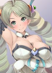 Rule 34 | 10s, 1girl, ahoge, alfort (may0508), armpits, between breasts, blush, breasts, choker, cleavage, de la fille, dress, drill hair, gloves, granblue fantasy, green eyes, green hair, hair ornament, highres, large breasts, long hair, looking at viewer, poker chip, smile, solo, twin drills, twintails, upper body, white gloves