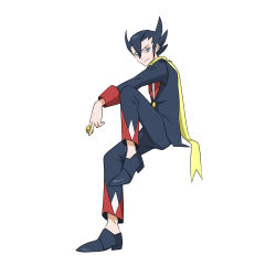 Rule 34 | 1boy, 99akt1031, absurdres, black footwear, black hair, black jacket, black pants, buttons, closed mouth, coin, commentary request, creatures (company), from side, full body, game freak, grimsley (pokemon), highres, holding, holding coin, invisible chair, jacket, long sleeves, male focus, nintendo, pants, pointy hair, pokemon, pokemon bw, scarf, shirt, shoes, simple background, sitting, smile, solo, white background, white shirt, yellow scarf