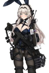 Rule 34 | 1girl, absurdres, alternate costume, an-94, an-94 (girls&#039; frontline), assault rifle, between breasts, black leotard, black necktie, black pantyhose, breasts, fte (fifteen 199), girls&#039; frontline, green eyes, gun, highres, large breasts, leotard, long hair, long sleeves, necktie, necktie between breasts, pantyhose, platinum blonde hair, playboy bunny, rifle, shrug (clothing), simple background, solo, tactical playboy bunny, weapon, white background, wrist cuffs