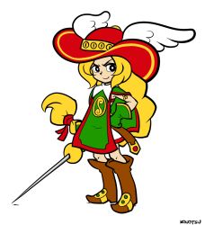 Rule 34 | &gt;:), 1girl, armband, artist name, bad id, bad pixiv id, belt, black eyes, blonde hair, boots, braid, gloves, green gloves, hair ribbon, hand on own hip, hat, head wings, kouotsu, long hair, musketeer, rapier, red ribbon, ribbon, simple background, smile, solo, standing, sword, tabard, thigh boots, thighhighs, v-shaped eyebrows, valkyrie (vnd), valkyrie no densetsu, weapon, white background, wings