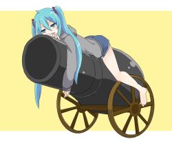 Rule 34 | 1girl, aqua eyes, aqua hair, barefoot, bazurita sanka (vocaloid), cannon, commentary, denim, denim shorts, frown, grey hoodie, hair ornament, hatsune miku, head rest, highres, hood, hoodie, kisalaundry, letterboxed, long hair, lying, on stomach, open mouth, shorts, solo, twintails, v-shaped eyebrows, very long hair, vocaloid, yellow background
