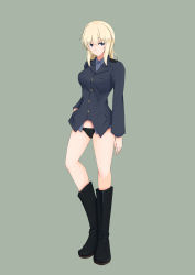 Rule 34 | 1girl, absurdres, black footwear, black panties, blonde hair, blue jacket, blue shirt, blunt bangs, commentary, english commentary, expressionless, grey background, heel up, highres, isosceles triangle (xyzxyzxyz), jacket, long hair, looking at viewer, original, panties, shirt, sidelocks, solo, underwear, world witches series
