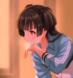 Rule 34 | 1girl, black hair, breath, brown eyes, collarbone, from side, hige (com), idolmaster, idolmaster shiny colors, jacket, long hair, long sleeves, looking to the side, mayuzumi fuyuko, solo, sweat, track jacket, track suit, two side up