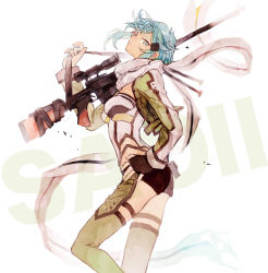 Rule 34 | 1girl, anti-materiel rifle, aqua hair, bad id, bad pixiv id, black gloves, blue hair, bolt action, breasts, closed mouth, fingerless gloves, floating, from side, gloves, gomosawa, green legwear, grey eyes, grey scarf, gun, hair ornament, hairclip, hand on own hip, holding, holding gun, holding weapon, looking at viewer, pgm hecate ii, rifle, scarf, scope, short hair, short shorts, shorts, sidelocks, simple background, sinon, sniper rifle, solo, standing, sword art online, weapon, white background