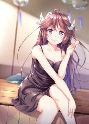 Rule 34 | 1girl, absurdres, ahoge, arknights, black dress, blurry, blurry background, blush, breasts, brown eyes, brown hair, cleavage, closed mouth, collarbone, dress, eyjafjalla (arknights), hair between eyes, highres, horns, indoors, long hair, looking at viewer, medium breasts, rock.fc, short dress, sitting, sleeveless, sleeveless dress, smile, solo, spaghetti strap, sundress, very long hair
