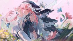 Rule 34 | 1girl, black ribbon, blue butterfly, blue flower, bug, butterfly, commentary, commission, english commentary, floating hair, flower, grass, habit, head tilt, highres, indie virtual youtuber, insect, long hair, looking at viewer, mistedsky, nail polish, neck ribbon, nini yuuna, nun, own hands together, parted lips, pink eyes, pink flower, pink hair, pink nails, ribbon, second-party source, side slit, solo, virtual youtuber, white flower