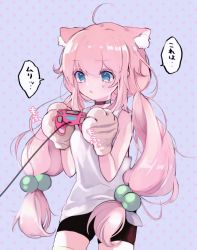 Rule 34 | 1girl, ahoge, animal ear fluff, animal ears, animal hands, bare shoulders, bike shorts, black shorts, blue eyes, cat ears, collarbone, commentary request, controller, dualshock, game controller, gamepad, gloves, hair bobbles, hair ornament, highres, hinata channel, holding, holding controller, low twintails, nekomiya hinata, paw gloves, pink hair, playstation controller, rihenara doll, shirt, shorts, sidelocks, solo, sweat, t-shirt, translation request, twintails, virtual youtuber, white shirt