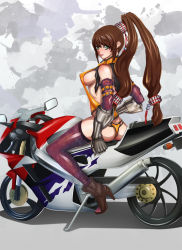 Rule 34 | 1girl, ankle boots, ass, blue eyes, boots, breasts, brown hair, elbow gloves, fu me000, gauntlets, gloves, high ponytail, honda, large breasts, long hair, motor vehicle, motorcycle, sideboob, solo, straddling, thighhighs, thong, toeless footwear, vehicle