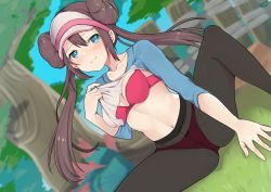 Rule 34 | 1girl, black pantyhose, blue eyes, blush, bra, brown hair, closed mouth, clothes lift, collarbone, commentary request, creatures (company), day, double bun, floating hair, game freak, grass, hair bun, highres, lifted by self, long hair, looking to the side, navel, nintendo, obybuss, outdoors, panties, pantyhose, pink bra, pokemon, pokemon bw2, rosa (pokemon), shirt lift, sidelocks, sitting, sleeves past elbows, solo, spread legs, tree, twintails, underwear