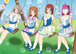 Rule 34 | 4girls, absurdres, alternate hairstyle, animal ear headphones, animal ears, aqua dress, aqua eyes, arms behind back, artist name, artist request, bare legs, bare shoulders, blue corset, blue dress, blue eyes, blue footwear, blue skirt, blue sky, blunt bangs, blush, bow, bowtie, bracelet, braid, breasts, brown eyes, brown hair, bubble, buttons, cat ear headphones, city, cleavage, cloud, collarbone, collared dress, corset, curly hair, day, detached sleeves, dress, drill hair, emma verde, fake animal ears, female focus, flower, flower print, freckles, frilled dress, frills, full body, grass, green skirt, grey hair, hair between eyes, head-mounted display, headphones, highres, jewelry, konoe kanata, light brown hair, long hair, looking at viewer, looking to the side, love live!, love live! nijigasaki high school idol club, love live! school idol festival, medium breasts, miniskirt, multiple girls, nakasu kasumi, outdoors, own hands together, parted lips, pearl bracelet, pink eyes, pink hair, plaid, plaid dress, plaid skirt, pleated, pleated dress, pleated skirt, puffy short sleeves, puffy sleeves, purple eyes, qu4rtz (love live!), red hair, shoes, short hair, short sleeves, sitting, skirt, sky, sleeveless, sleeveless dress, small breasts, smile, socks, star (symbol), swinging (love live!), tennoji rina, twin braids, twin drills, twintails, two-tone skirt, white bow, white dress, white skirt, yellow eyes, yellow skirt