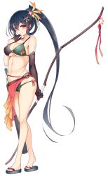 Rule 34 | 1girl, arrow (projectile), asymmetrical gloves, bikini, black hair, blush, bow (weapon), breasts, cleavage, feet, flower, full body, gloves, hair flower, hair ornament, hand on own face, highres, holding, holding bow (weapon), holding weapon, kodama yuu, large breasts, long hair, looking at viewer, mole, mole under eye, navel, o-ring, o-ring bikini, o-ring bottom, o-ring top, quiver, red eyes, sandals, sarong, shirohime quest, simple background, skindentation, smile, solo, standing, strap gap, swimsuit, toes, uneven gloves, very long hair, weapon, white background, yoshida-gun yamashiro