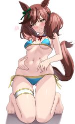 Rule 34 | 1girl, animal ears, aqua eyes, barefoot, bikini, blue bikini, breasts, brown hair, closed mouth, commentary request, embarrassed, fingernails, gluteal fold, hands on own stomach, highres, horse ears, horse girl, horse tail, kibihimi, kneeling, looking at viewer, medium breasts, multicolored hair, navel, nice nature (umamusume), side-tie bikini bottom, simple background, solo, stomach, streaked hair, striped bikini, striped clothes, swimsuit, tail, thigh strap, toenails, toes, twintails, umamusume, white background