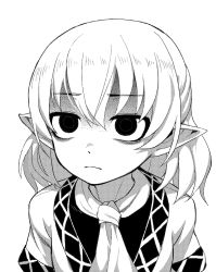 Rule 34 | 1girl, ascot, closed mouth, fkey, glaring, greyscale, highres, looking at viewer, medium hair, mizuhashi parsee, monochrome, pointy ears, sanpaku, shaded face, simple background, solo, touhou, upper body, white background