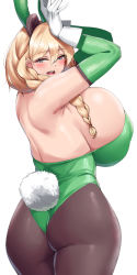 Rule 34 | 1girl, animal ears, ass, bear ears, bear girl, black pantyhose, blonde hair, blue eyes, blush, braid, breasts, cho!cho!, elbow gloves, extra ears, fake animal ears, fake tail, frigga (last origin), from behind, gigantic breasts, gloves, green leotard, hair between eyes, highres, last origin, leotard, looking at viewer, mole, mole under mouth, open mouth, pantyhose, playboy bunny, sideboob, simple background, smile, solo, tail, white background, white gloves
