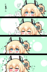 Rule 34 | 1girl, 1other, 4koma, :i, :t, absurdres, azur lane, blonde hair, blue eyes, blush, chibi, closed mouth, comic, commander (azur lane), commentary request, gloves, hair between eyes, hand up, hands up, headgear, highres, kurukurumagical, long hair, motion lines, notice lines, one side up, out of frame, speed lines, tanikaze (azur lane), translation request, white gloves