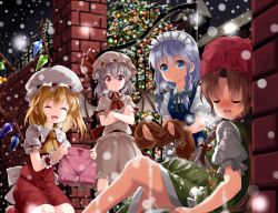 Rule 34 | 4girls, :d, ^ ^, ascot, bat wings, blonde hair, blue eyes, blue hair, blush, braid, breath, brown hair, brown scarf, christmas, christmas tree, closed eyes, commentary request, crossed arms, closed eyes, flandre scarlet, gate, hat, highres, holding, holding clothes, holding scarf, hong meiling, izayoi sakuya, kneeling, long hair, looking at another, maid, maid headdress, mob cap, multiple girls, open mouth, red eyes, remilia scarlet, ruu (tksymkw), scarf, short hair, sleeping, smile, snow, snowing, standing, touhou, twin braids, wings, wrist cuffs