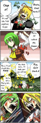 Rule 34 | 2girls, 4koma, :d, ascot, battle, blocking, blonde hair, blood, chop, comic, constricted pupils, female focus, green hair, hard-translated, kazami yuuka, long image, medicine melancholy, multiple girls, open mouth, pageratta, plaid, plaid vest, screaming, shaded face, smile, tall image, third-party edit, touhou, translated, vest