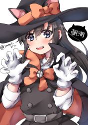 Rule 34 | 1girl, animal ears, asashio (kancolle), black cape, black hair, black headwear, blue eyes, bow, bowtie, cape, cat ears, character name, commentary request, dress, dress shirt, gloves, halloween costume, highres, imaori rin, kantai collection, long hair, long sleeves, looking at viewer, orange bow, orange bowtie, pinafore dress, shirt, simple background, sleeveless dress, solo, twitter username, upper body, white background, white gloves, white shirt