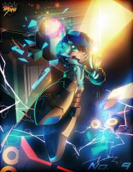 Rule 34 | 1boy, arm cannon, bad deviantart id, bad id, beck (mighty no. 9), dan syron, electricity, green eyes, helmet, highres, jumping, lens flare, male focus, mighty no. 9, pixelated, robot, solo, weapon