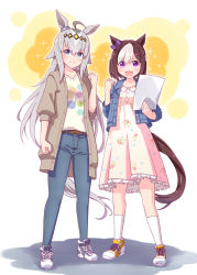 Rule 34 | 2girls, :d, ahoge, animal ears, blue jacket, blue pants, bow, brown hair, brown jacket, clenched hand, closed mouth, commentary request, denim, denim jacket, dress, floral print, frilled dress, frills, grey footwear, grey hair, hair between eyes, hair ornament, hairclip, hand up, harada (sansei rain), highres, horse ears, horse girl, horse tail, jacket, jeans, long hair, multicolored hair, multiple girls, oguri cap (umamusume), open clothes, open jacket, open mouth, pants, pleated dress, print dress, purple bow, shirt, shoes, smile, socks, sparkle, special week (umamusume), standing, tail, two-tone hair, umamusume, v-shaped eyebrows, very long hair, white dress, white hair, white legwear, white shirt, yellow footwear