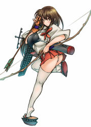Rule 34 | 10s, 144 (riesztan), 1girl, akagi (kancolle), arrow (projectile), bow, breasts, brown hair, female focus, gloves, japanese clothes, kantai collection, large breasts, leg lift, legs, long hair, looking at viewer, miniskirt, panties, pantyshot, quiver, sandals, simple background, skirt, solo, standing, thighhighs, tiptoes, underwear, upskirt, weapon, white background, white panties, white thighhighs, yellow eyes