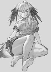 Rule 34 | 1girl, arm at side, arm support, bare arms, bird tail, breast pocket, cinko, closed mouth, collared shirt, expressionless, fingerless gloves, full body, gloves, greyscale, hair between eyes, hair intakes, kemono friends, knee up, leaning back, pantyhose under shorts, long hair, looking down, low ponytail, monochrome, multicolored hair, necktie, no shoes, pantyhose, pocket, shirt, shoebill (kemono friends), short sleeves, shorts, side ponytail, sitting, soles, solo, tail, toes, twisted torso