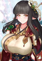 Rule 34 | 1girl, absurdres, arm under breasts, black gloves, black hair, blunt bangs, blush, breasts, capcom, closed mouth, collarbone, fingerless gloves, gloves, hair ornament, highres, hinoa, japanese clothes, kimono, large breasts, long hair, long sleeves, looking at viewer, monster hunter (series), monster hunter rise, nez-box, obi, pointy ears, sash, sidelocks, smile, solo, tassel, white kimono, wide sleeves, yellow eyes