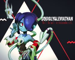 2019, bare shoulders, black background, blue hair, blue skin, character name, colored skin, detached collar, detached sleeves, exposed bone, hair over one eye, half-closed eyes, highres, keep charge, leviathan (skullgirls), red eyes, skeleton, skullgirls, smile, squigly (skullgirls), stitched mouth, stitches, striped, white background, yellow eyes, zombie