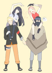 Rule 34 | 2boys, 2girls, bandaged arm, bandages, black hair, blonde hair, boots, carrying, couple, covered mouth, closed eyes, green eyes, haruno sakura, heart, heart hands, hetero, highres, holding hands, hyuuga hinata, long hair, multiple boys, multiple girls, naruto: the last, naruto (series), pink hair, purple eyes, shoes, short hair, shoulder carry, smile, toeless footwear, uchiha sasuke, uzumaki naruto, yan xiuxiu